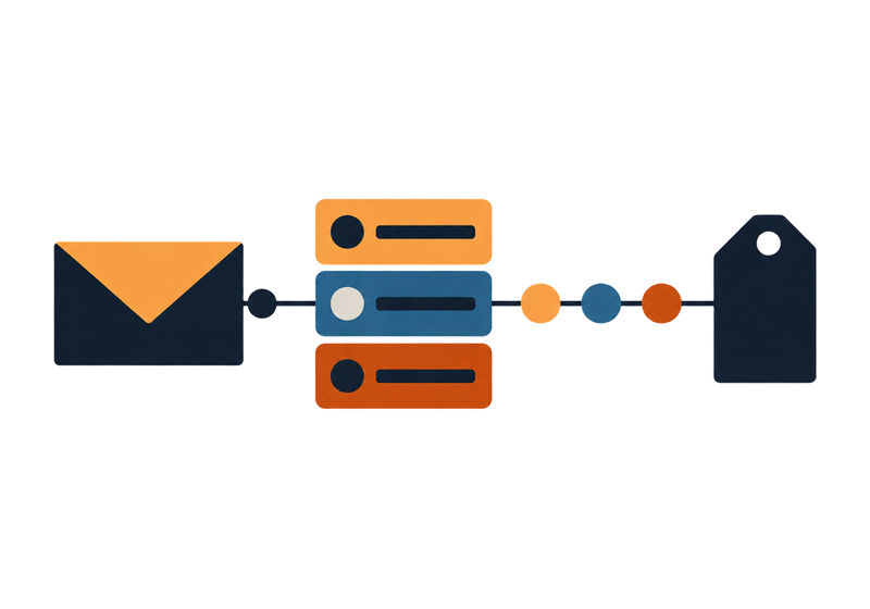 An envelope feeding a stack of list rows, then a sequence of nodes ending in a price tag.
